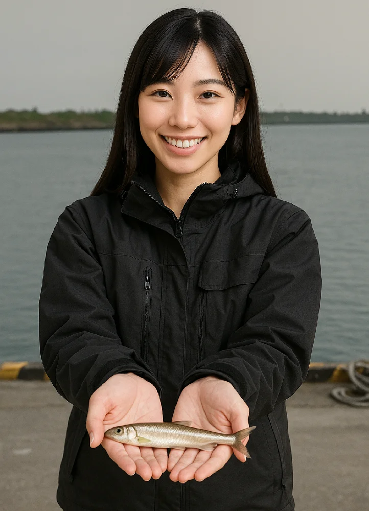 門別港でチカを釣る女性