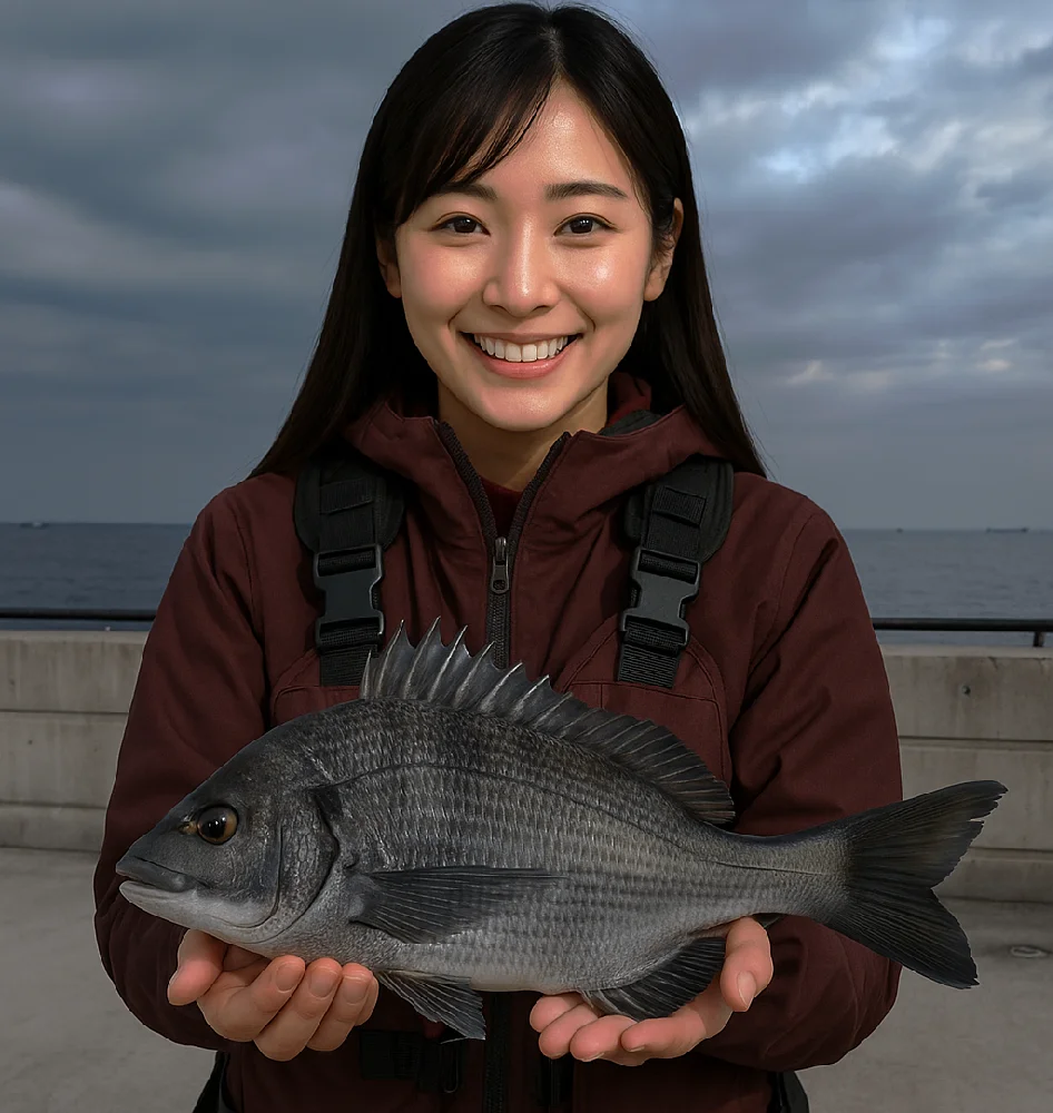 福浦岸壁(金沢水際線緑地)でクロダイを釣る女性