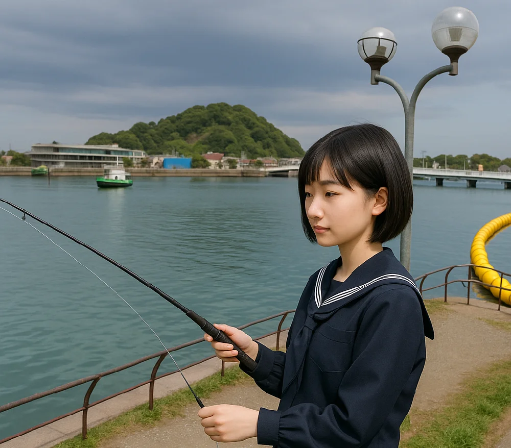 平潟橋付近で釣りをする女性