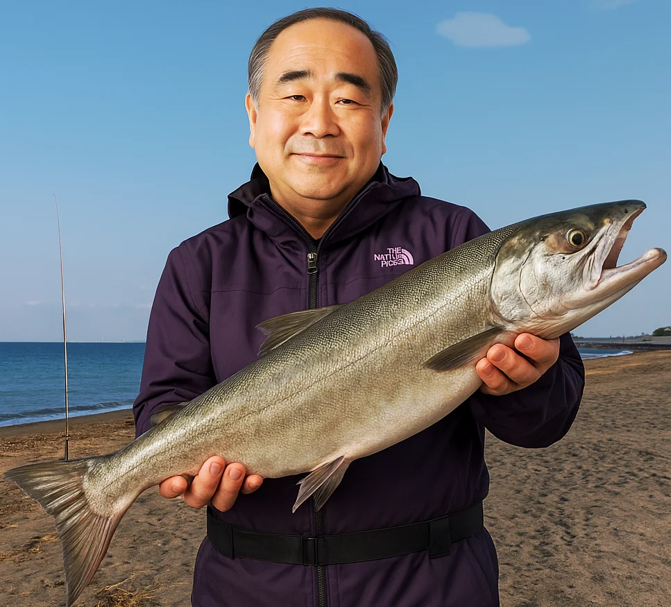 鵡川漁港周辺で鮭を釣る男性