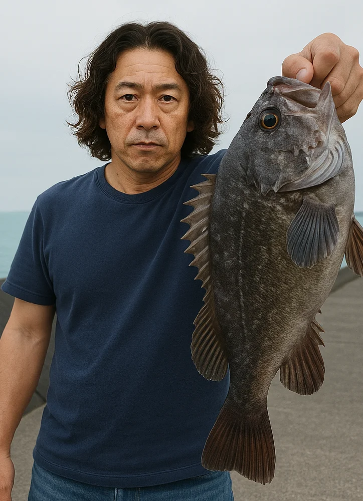 室蘭港沖堤防でロックフィッシュ(クロソイ)を釣る人