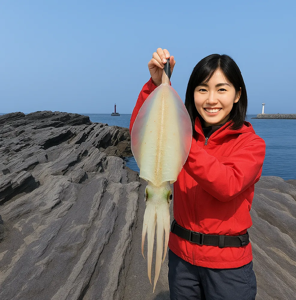 城ヶ島灘ヶ崎にてエギングでアオリイカを釣る女性