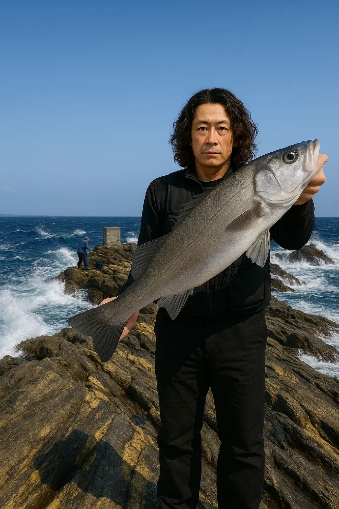 城ヶ島安房崎でスズキのような魚を釣る男性