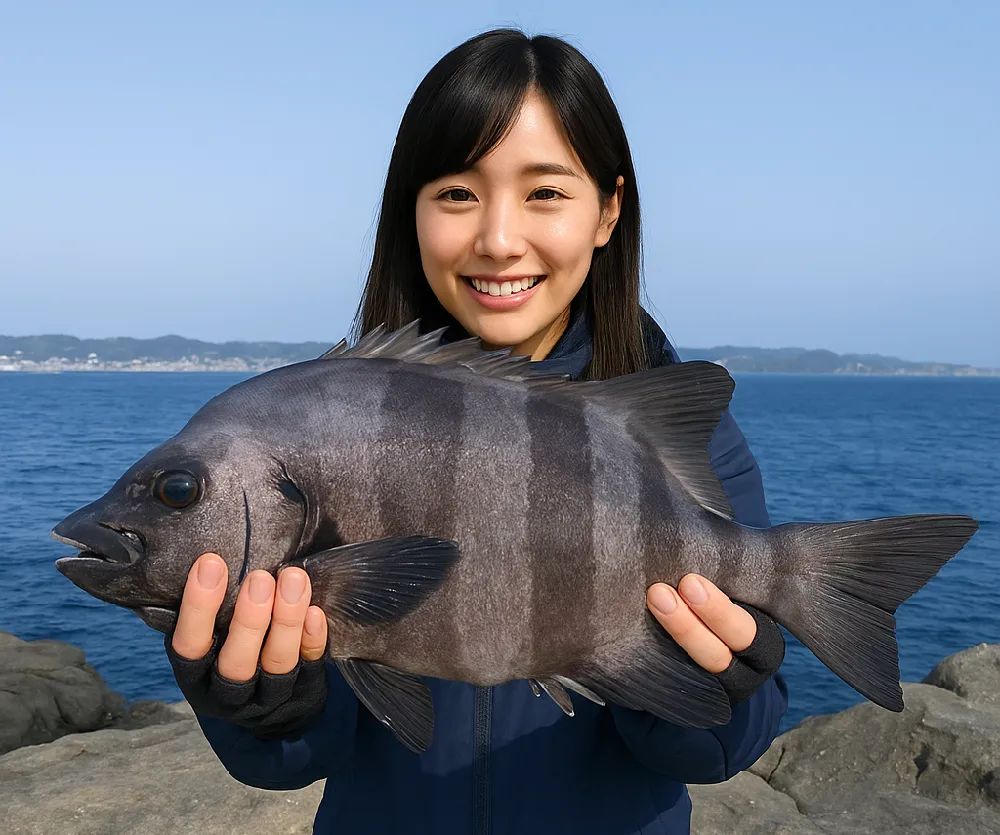 城ヶ島の磯でイシダイを釣った女性