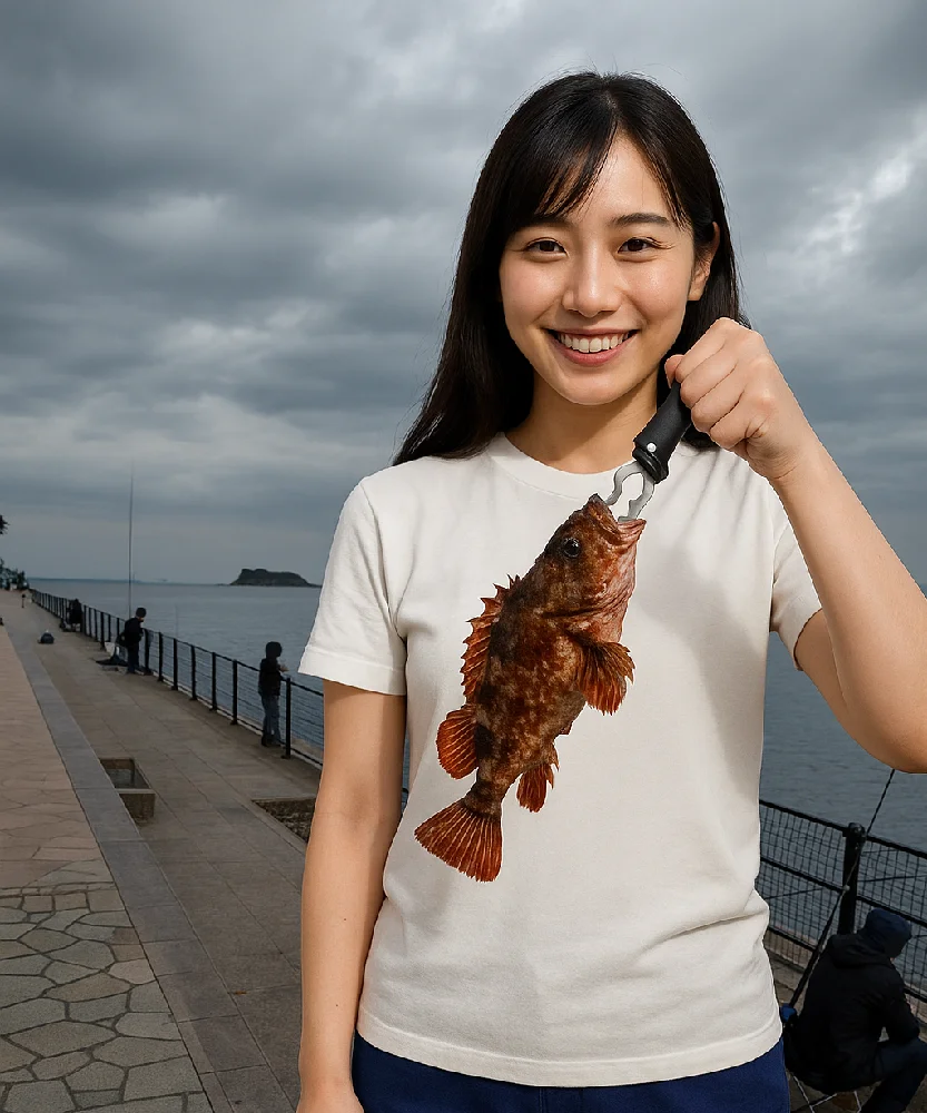 海辺つり公園でカサゴを釣る女性