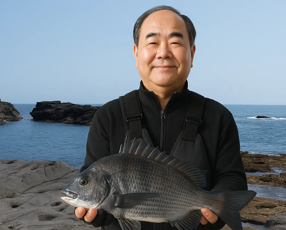 城ヶ島の磯でクロダイを釣った男性