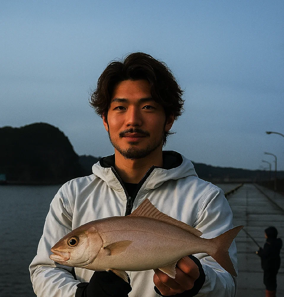 勝浦港でショゴを釣る澤田