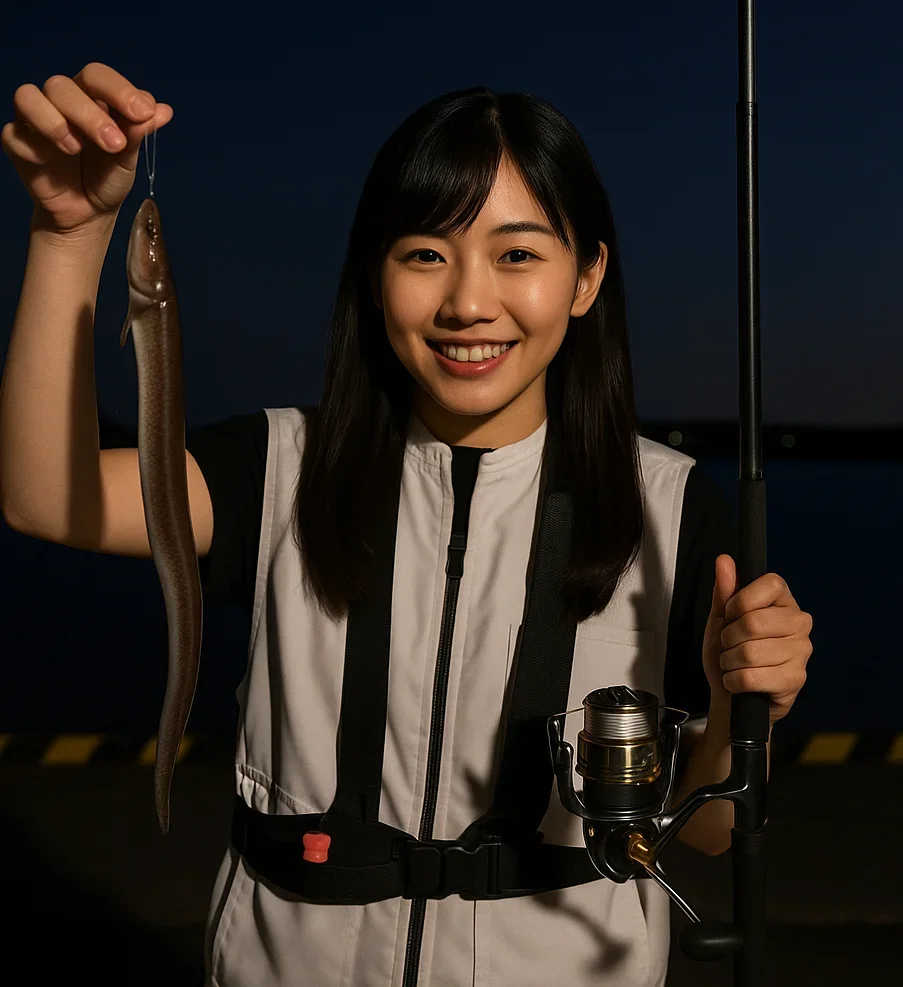 飯岡漁港でアナゴを釣る黒川