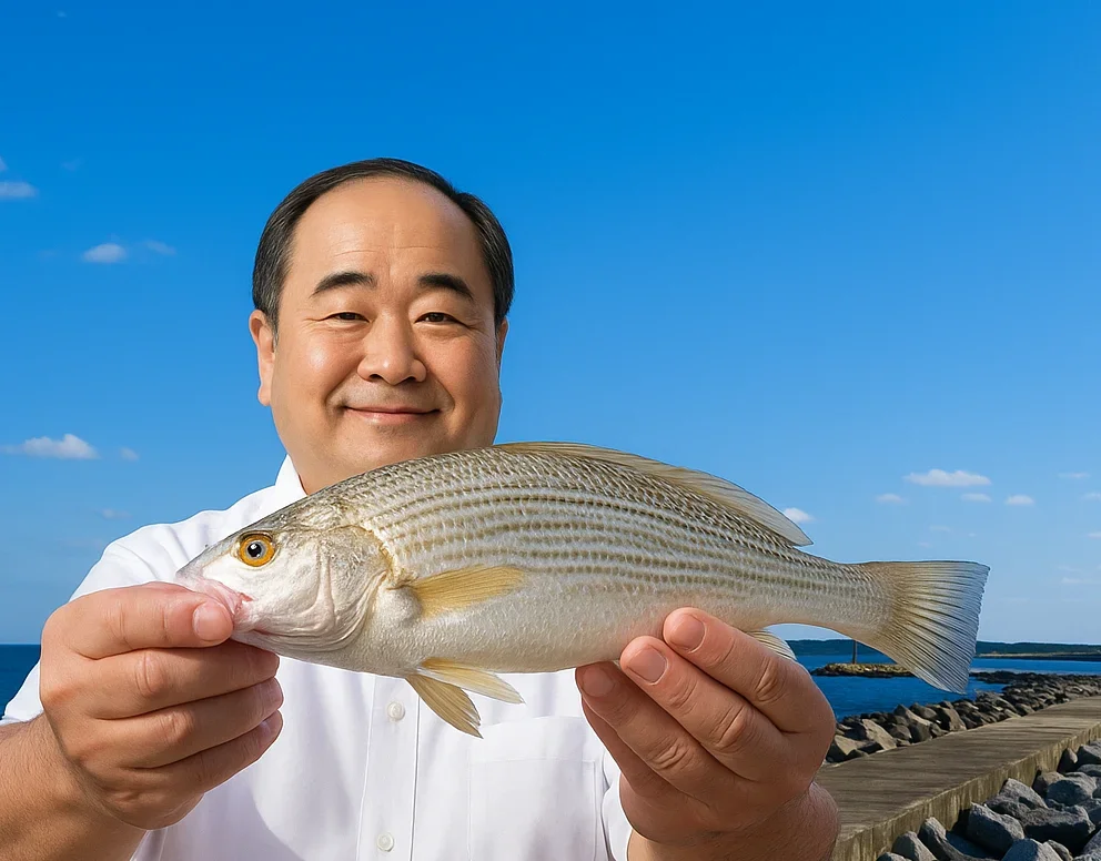 平磯港でイシモチを釣る持田
