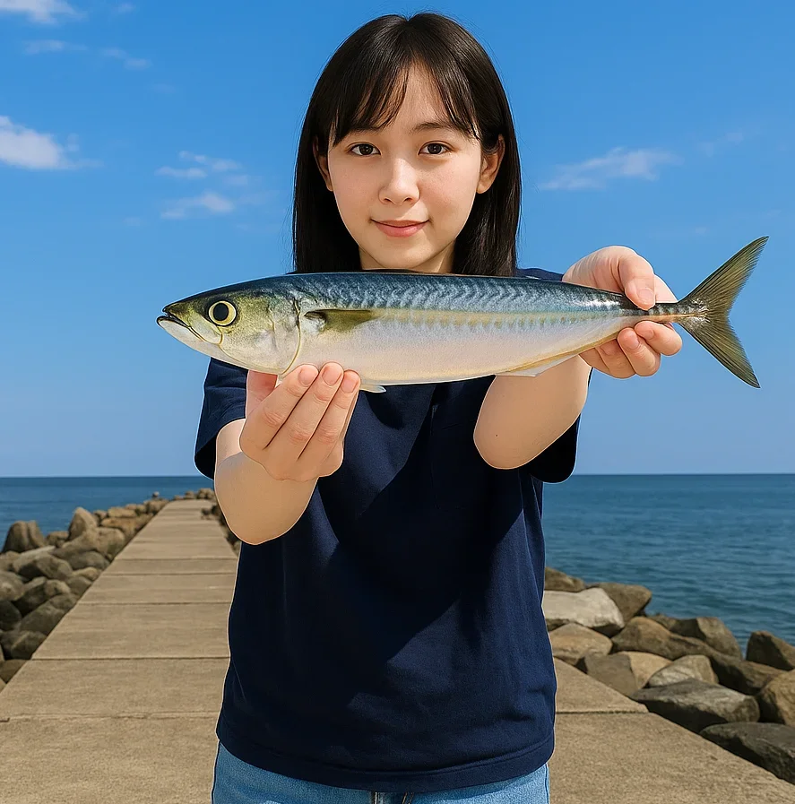 龍島港で青物を釣る女性