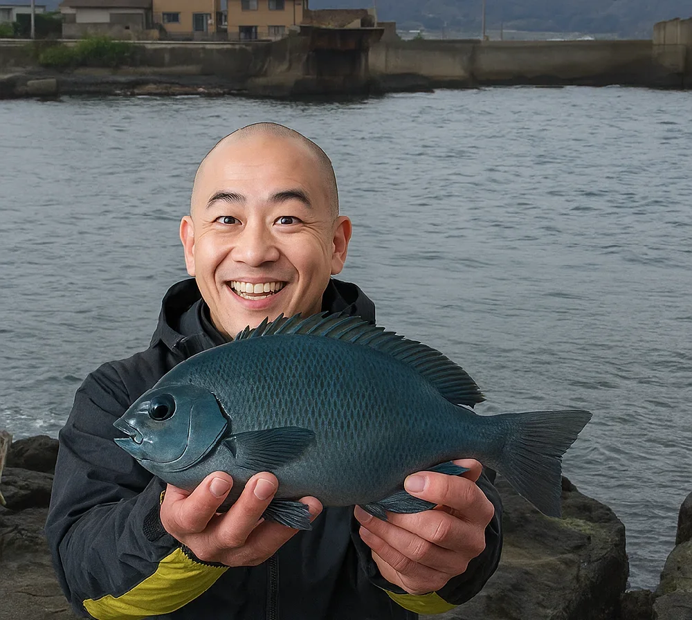 岩井袋港でメジナを釣るがんだま君