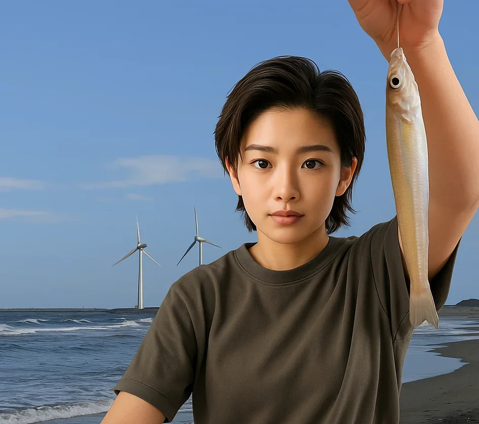 日川浜でキスを釣る佐伯