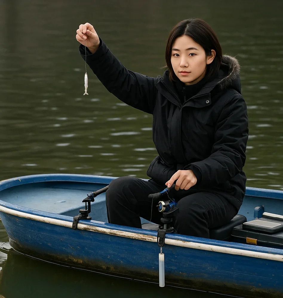 高滝湖でワカサギを釣る女性