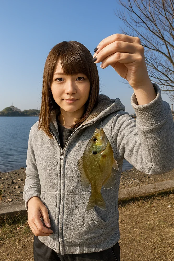 砂沼でブルーギルを釣る山際