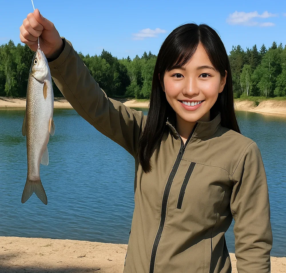 朱鞠内湖でウグイを釣る女性