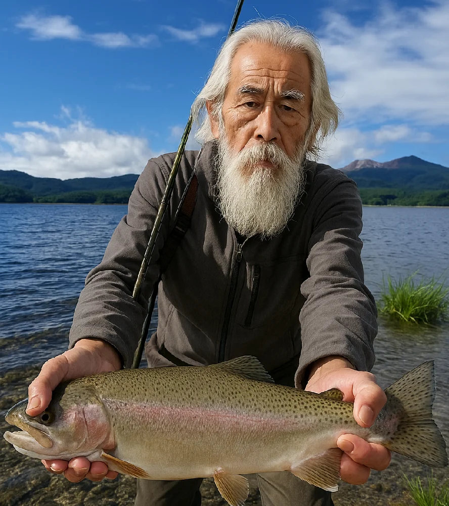 阿寒湖でニジマスを釣る老人