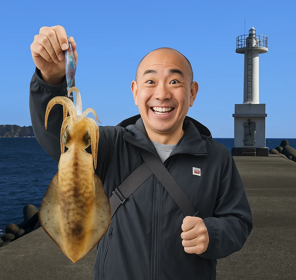 天津港でアオリイカを釣るがんだま君