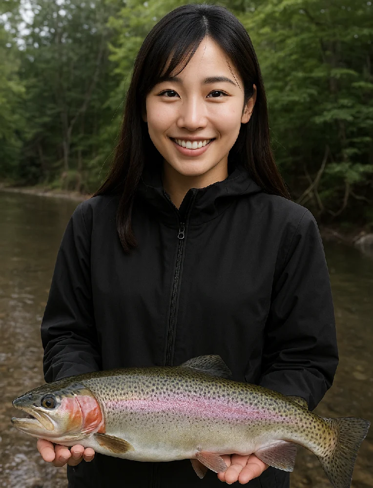 阿寒川でニジマスを釣る女性