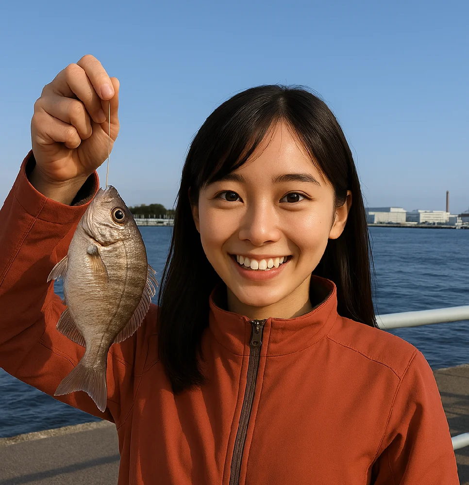 海の見える公園周辺でウミタナゴ状のものを釣る女性