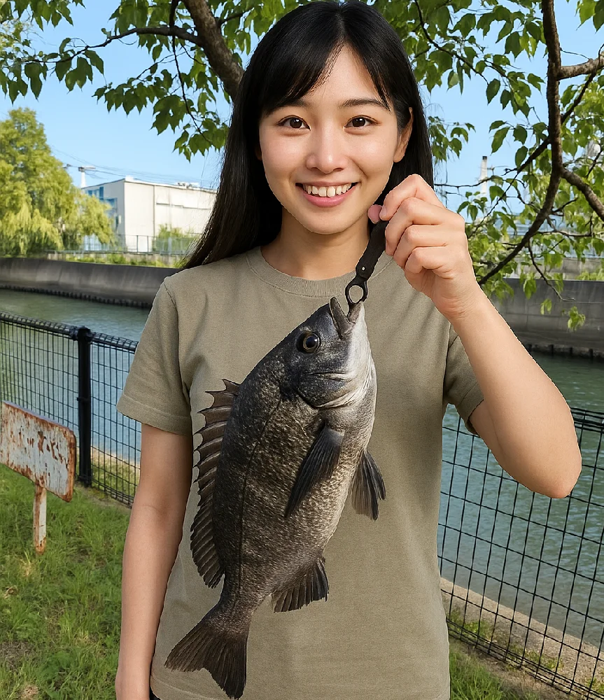 大岡川分水路でクロダイを釣る女性