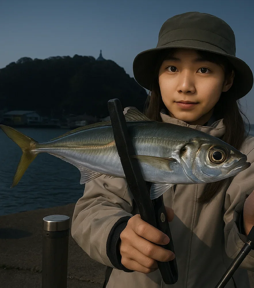 小湊漁港でアジを釣る森永
