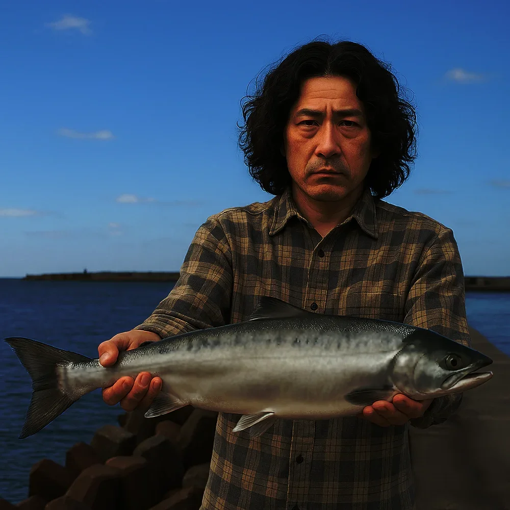 問牧漁港で鮭を釣る岸本