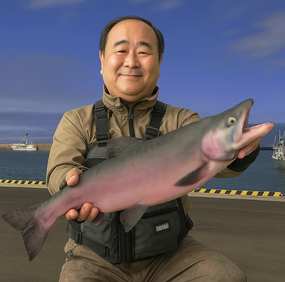 乙忠部漁港でカラフトマスを釣る持田