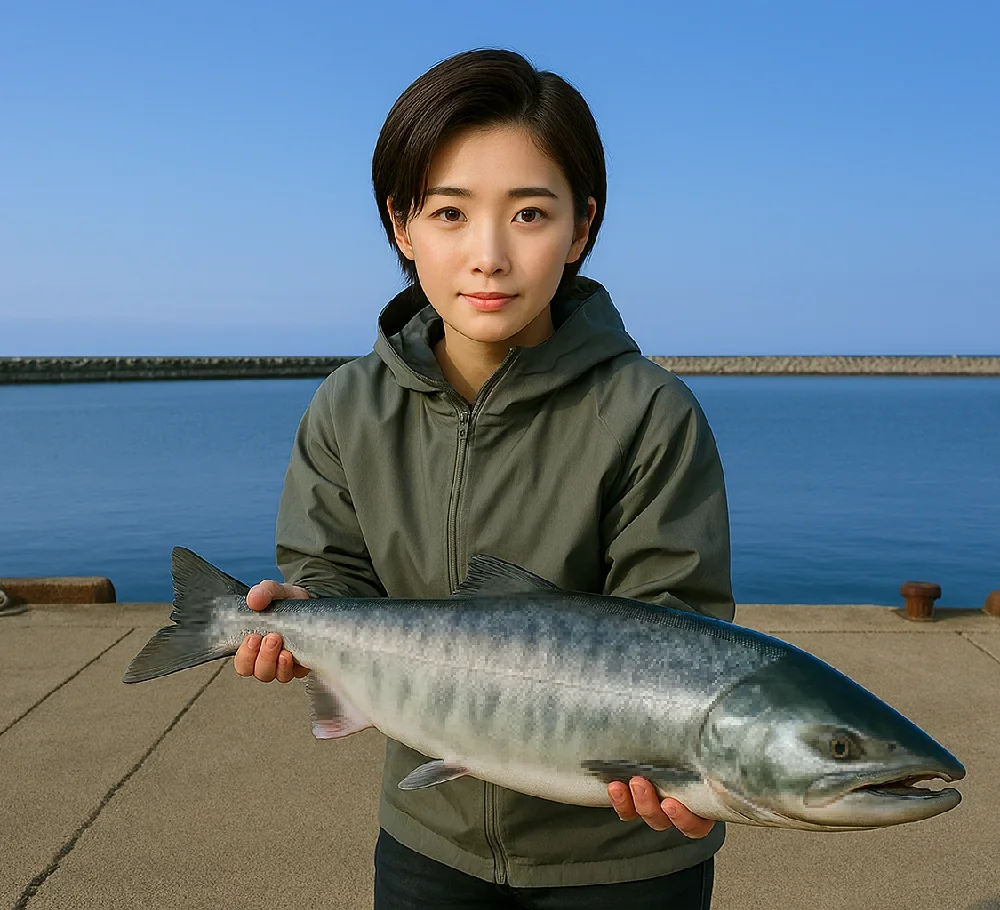 稚咲内漁港でアキアジを釣る佐伯