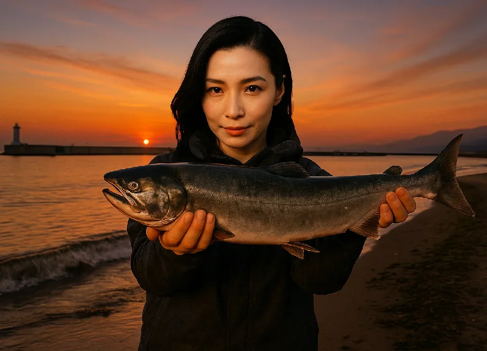 厚田川河口横のサーフでサケを釣る八重田
