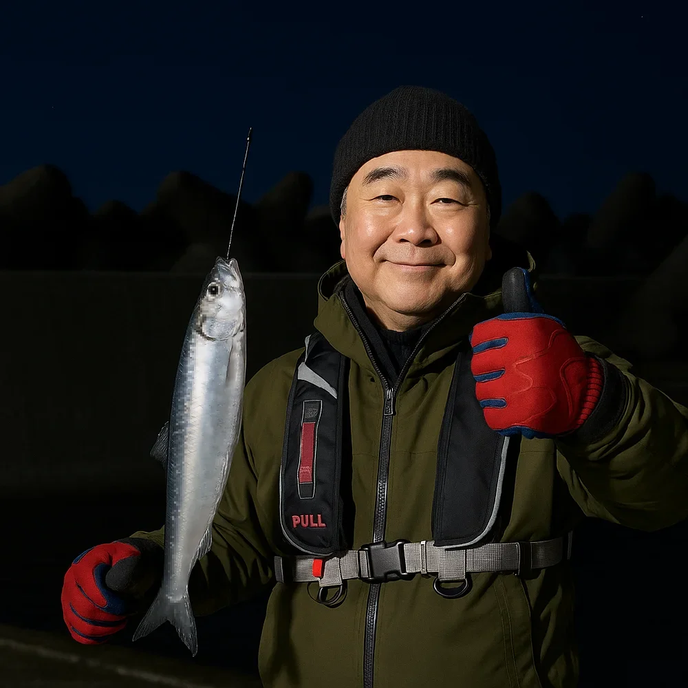 古潭漁港でニシンを釣る持田