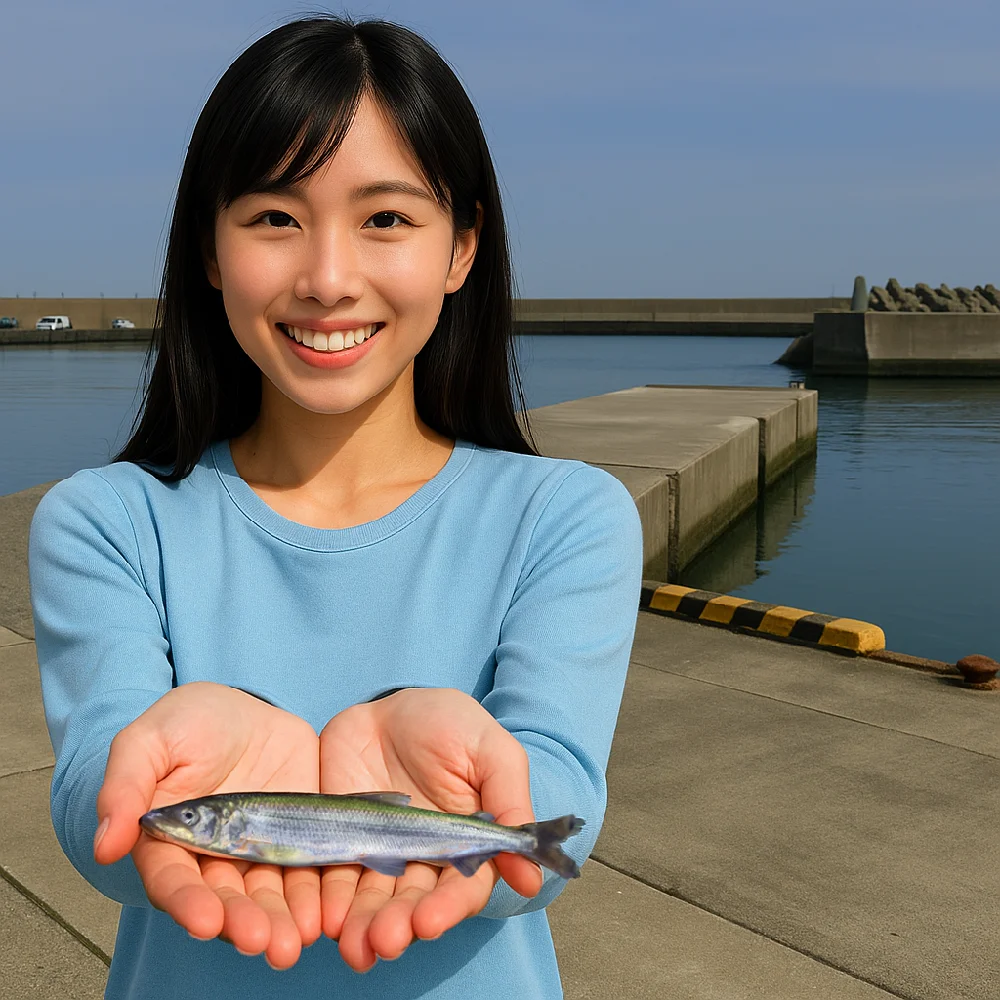 目黒漁港でキュウリウオを釣る女性