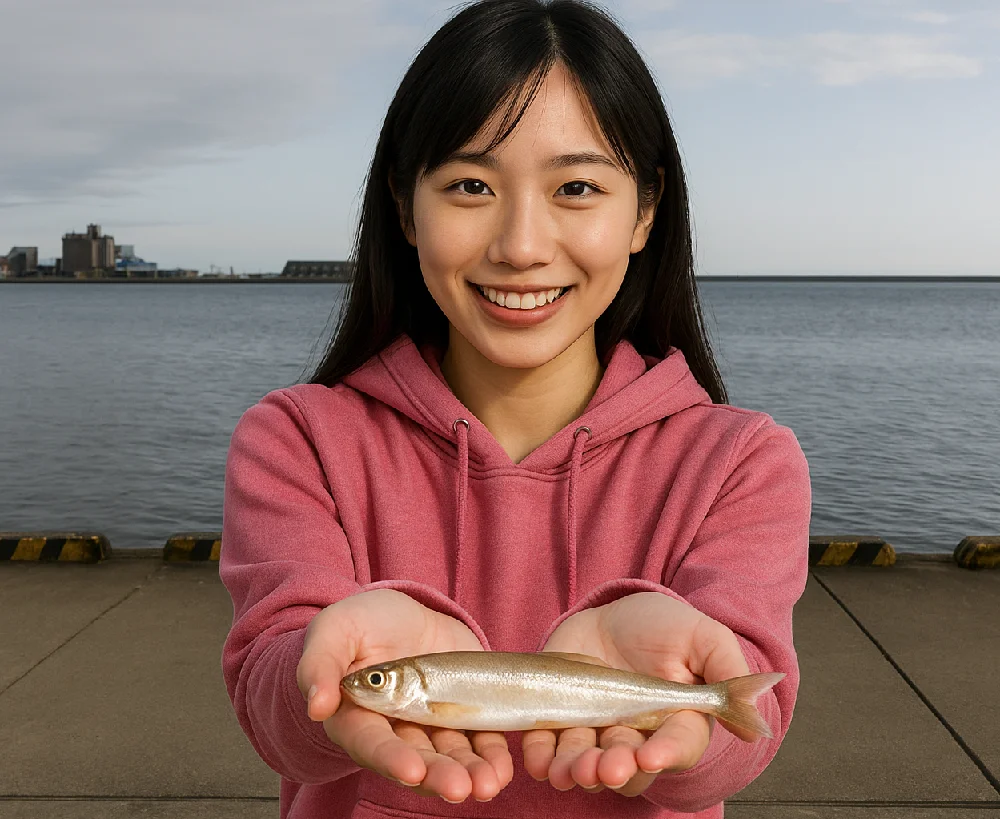 釧路港でシシャモを釣る女性
