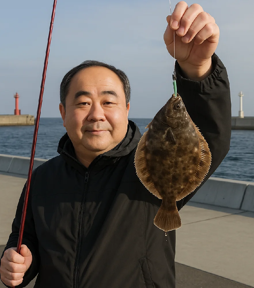 羅臼漁港でワームでカレイを釣る男性