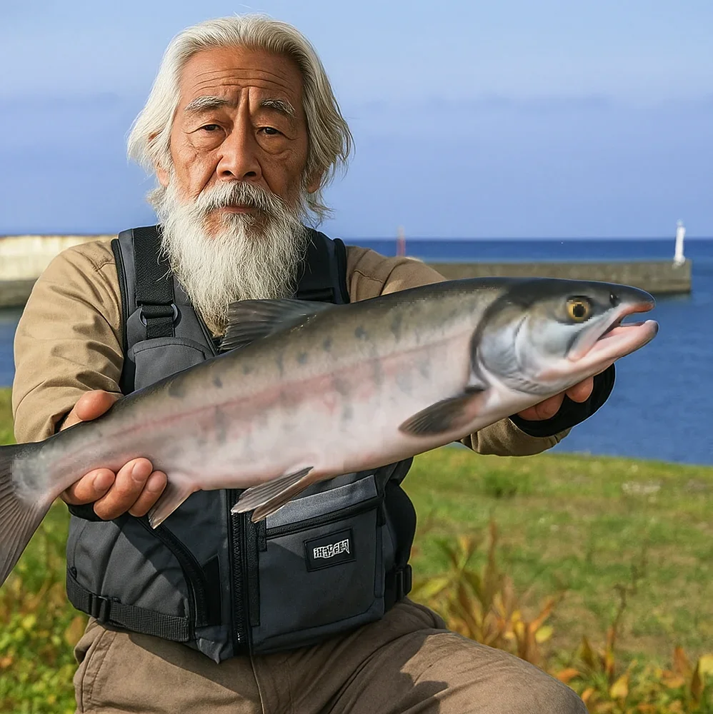 興部漁港横でサケを釣る米田
