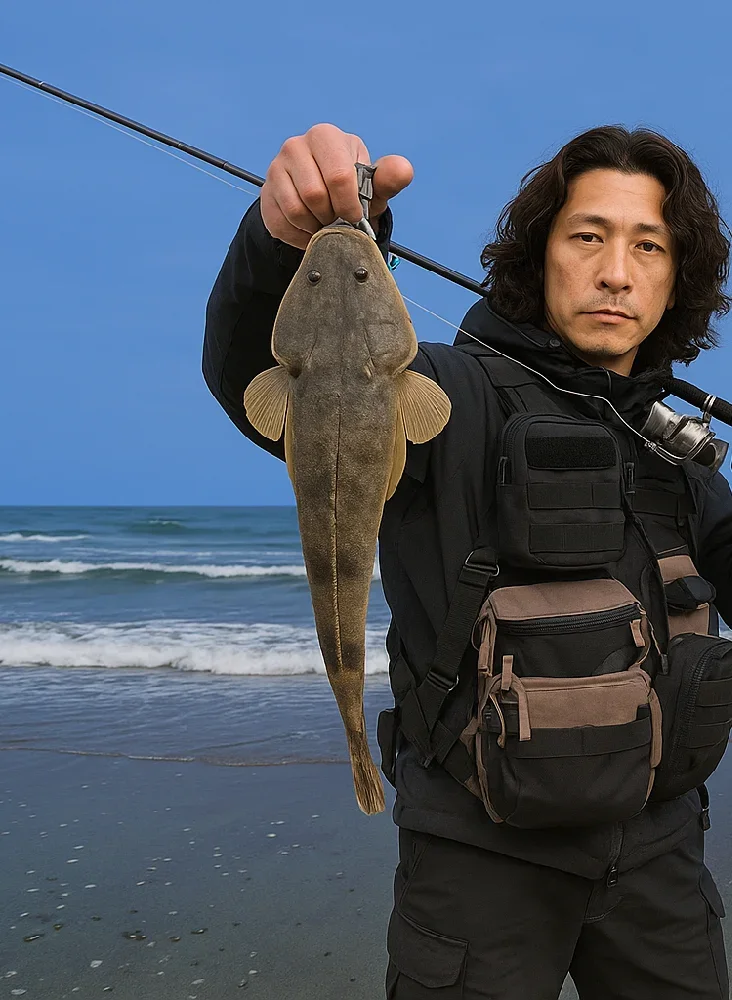 百々海岸でマゴチを釣る岸本