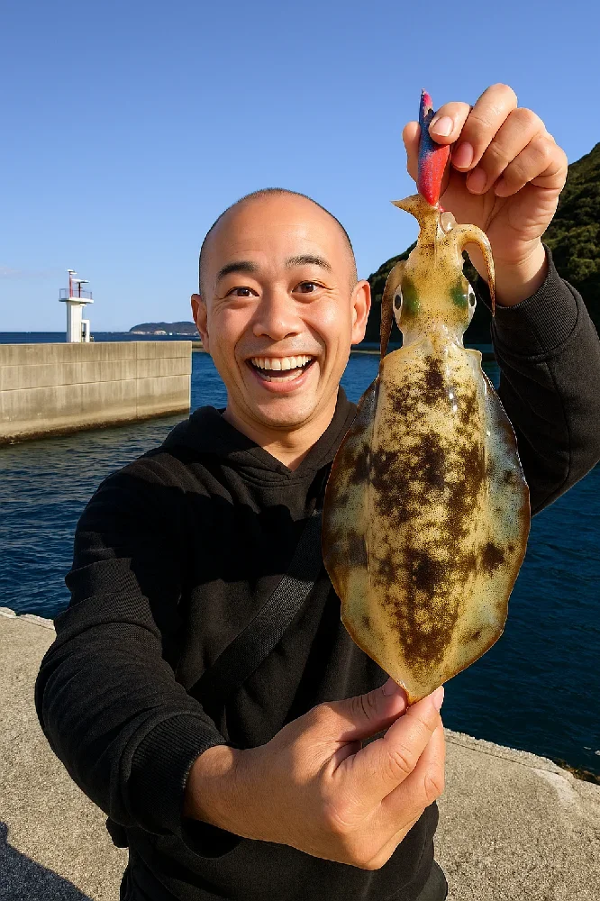 篠島でアオリイカを釣るがんだま君