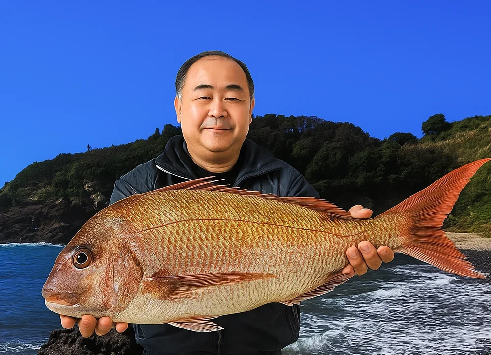 龍宮窟周辺でマダイを釣る持田