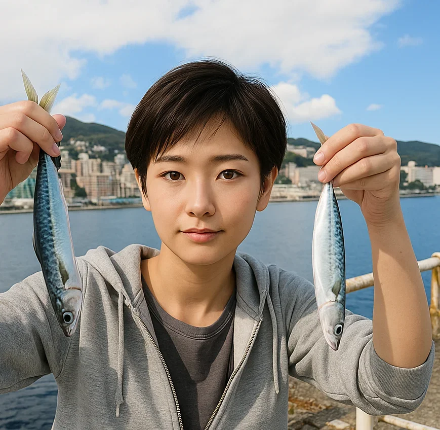 熱海港でサバを釣る女性