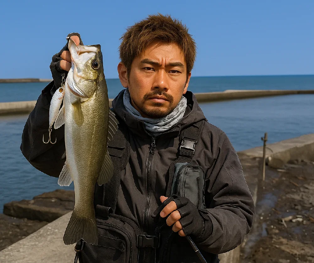 上総湊港でシーバスを釣る広岡