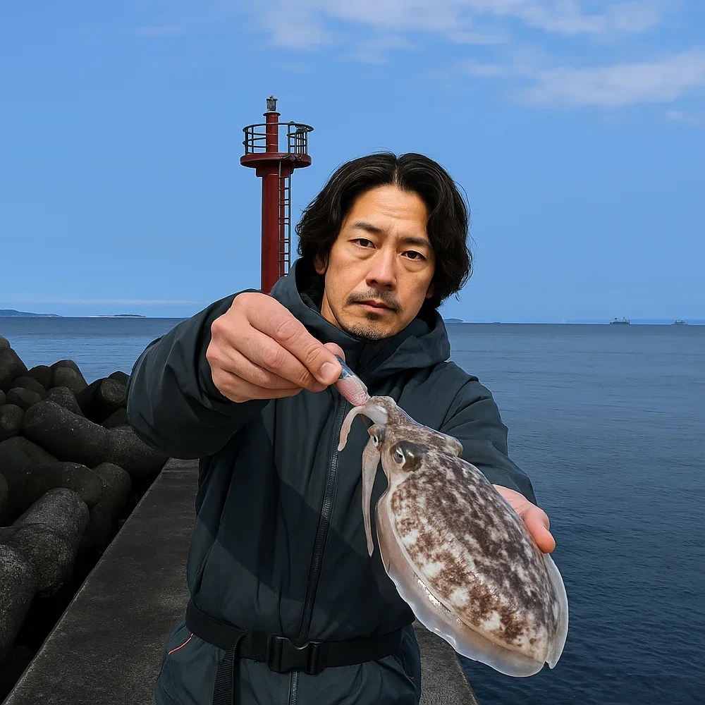 金谷フェリー港でコウイカを釣る岸本