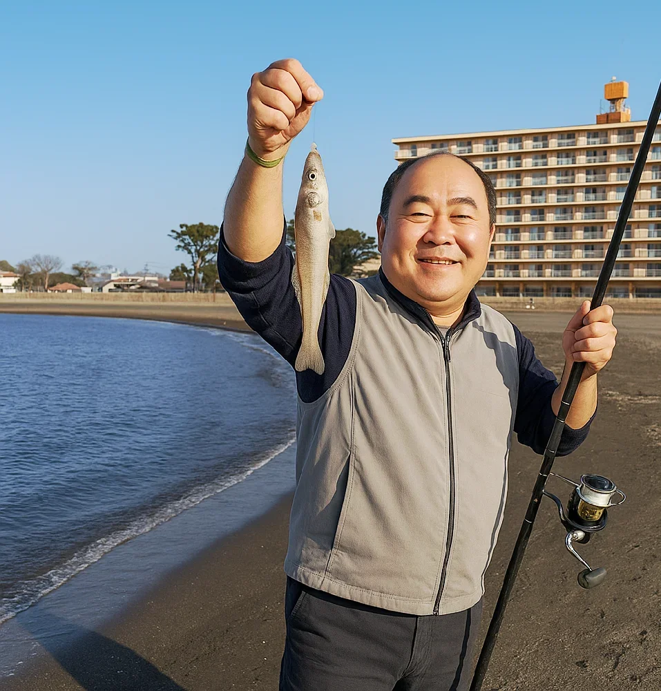北条海岸でキスを釣る持田