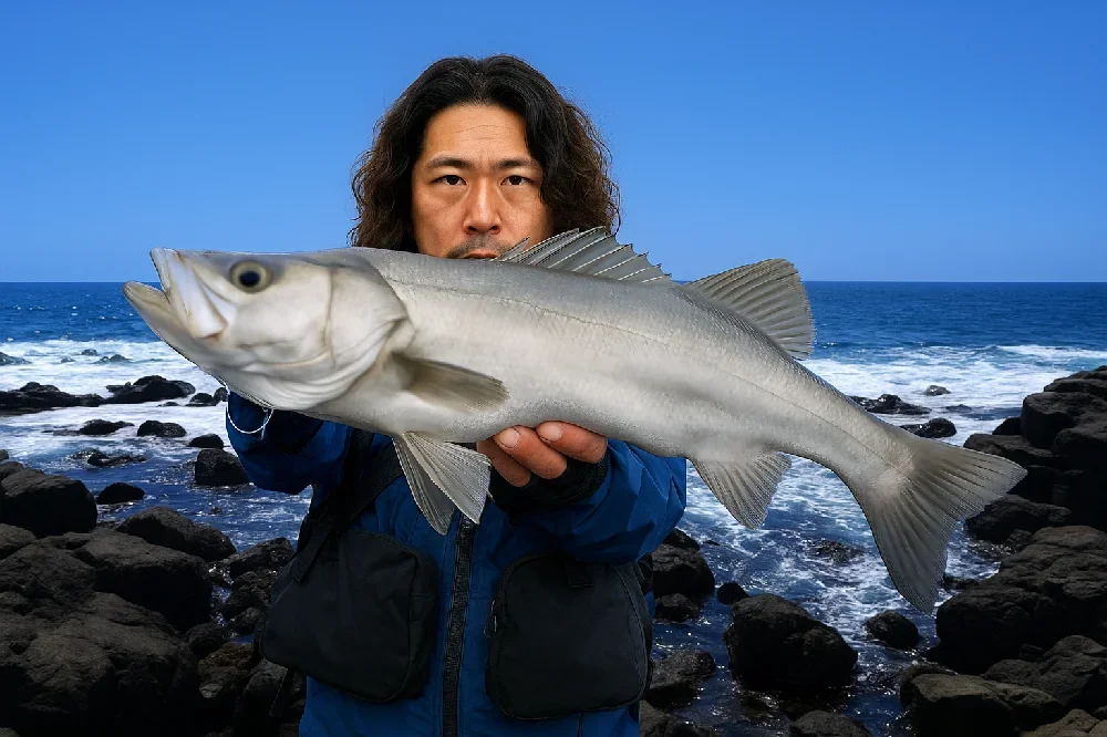 野島崎でヒラスズキを釣る岸本