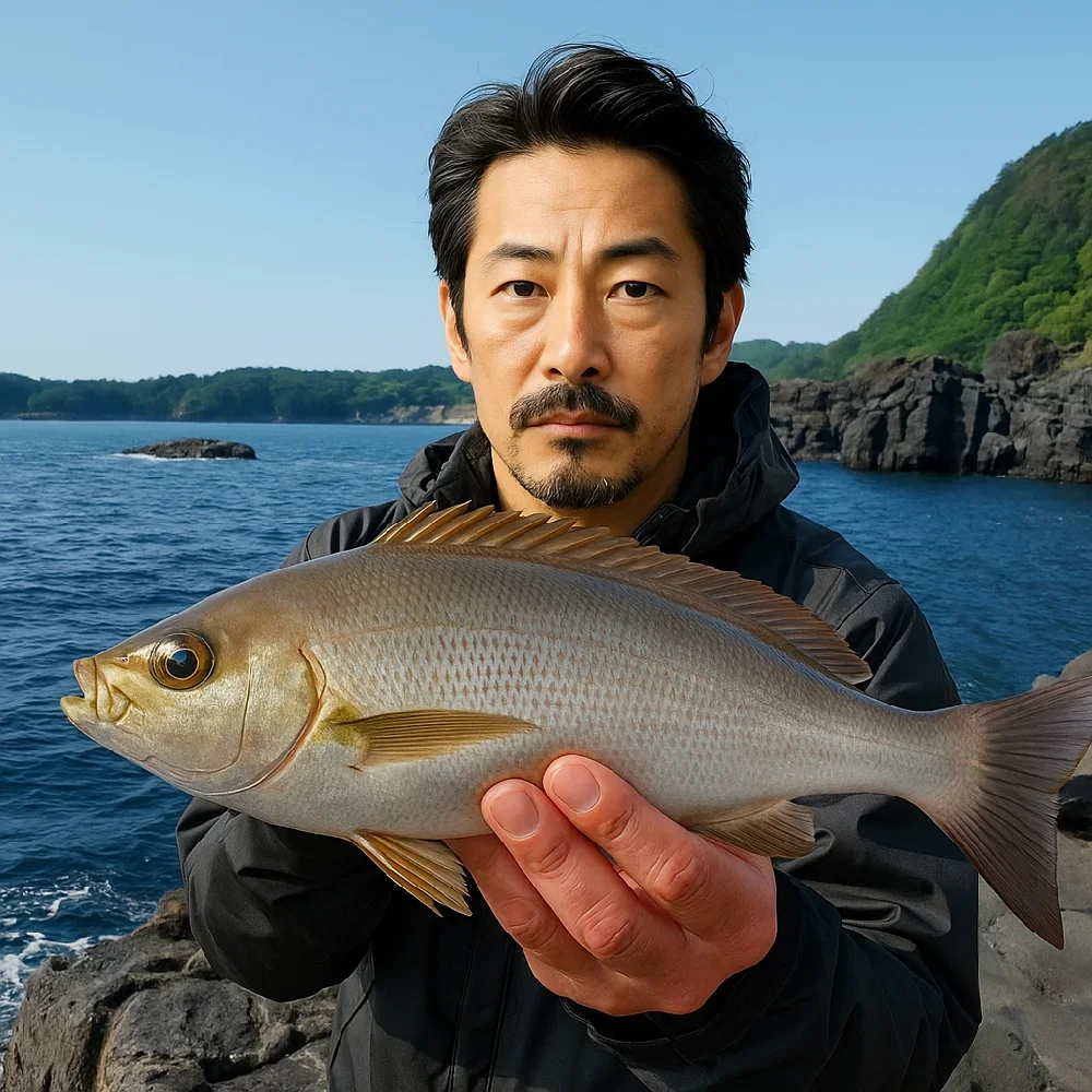 富戸地磯でイサキを釣る佐々木