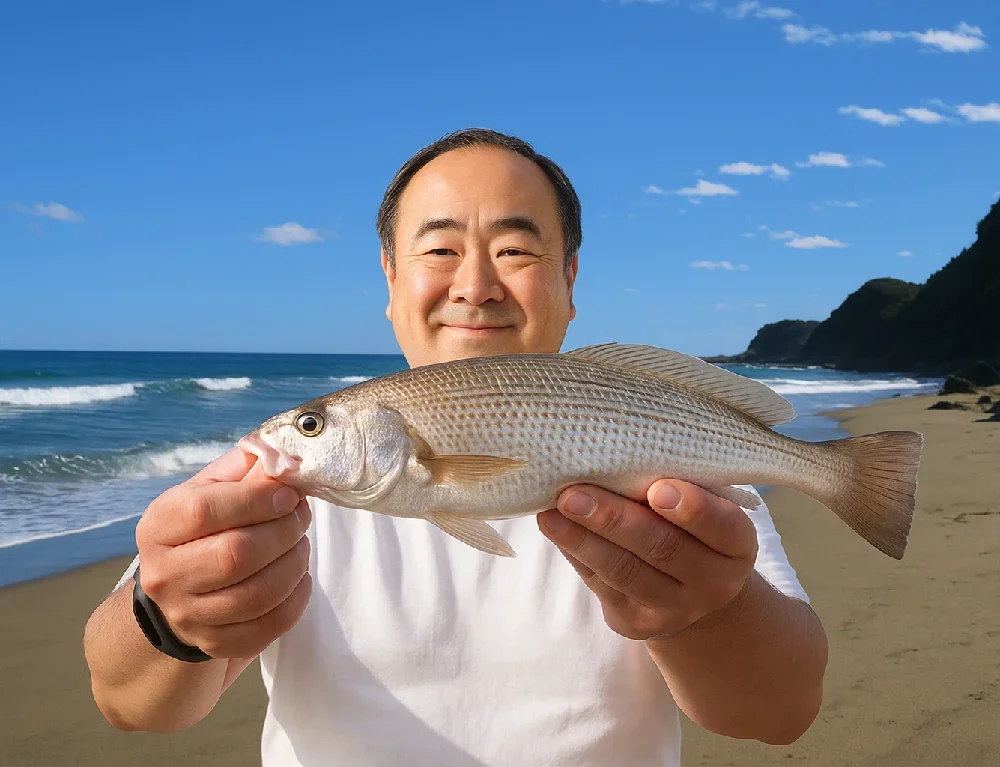 赤浜海岸でイシモチを釣る持田