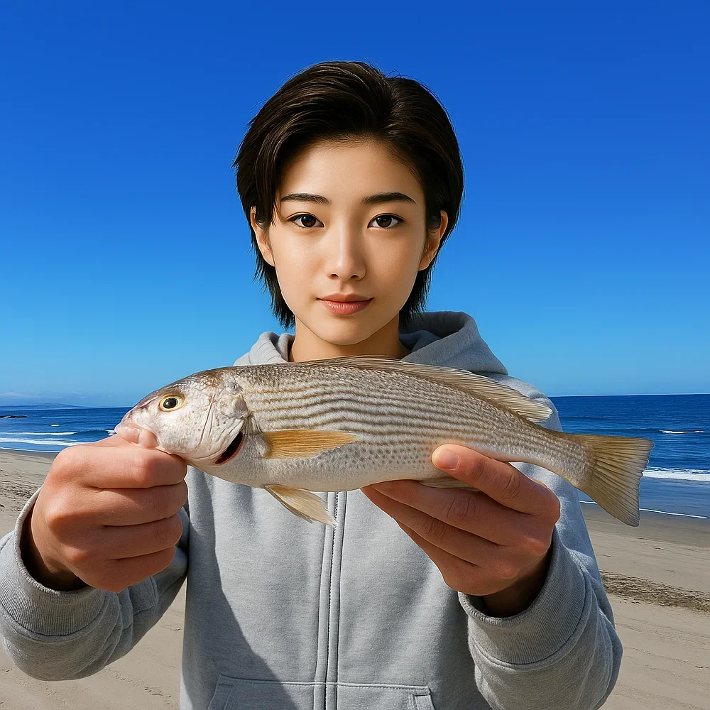 滝浜エメラルドビーチでイシモチを釣る佐伯