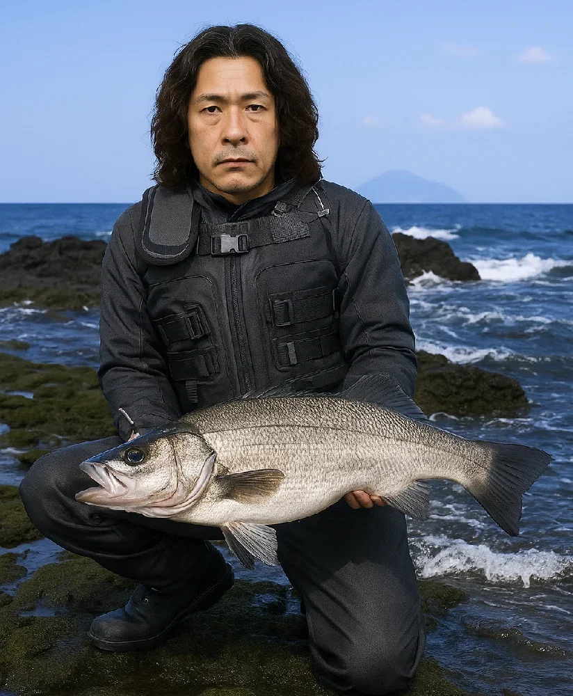 竜宮島でヒラスズキを釣る岸本