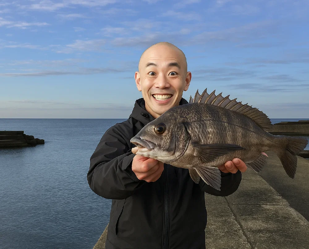 椎谷海浜公園でクロダイを釣るがんだま君