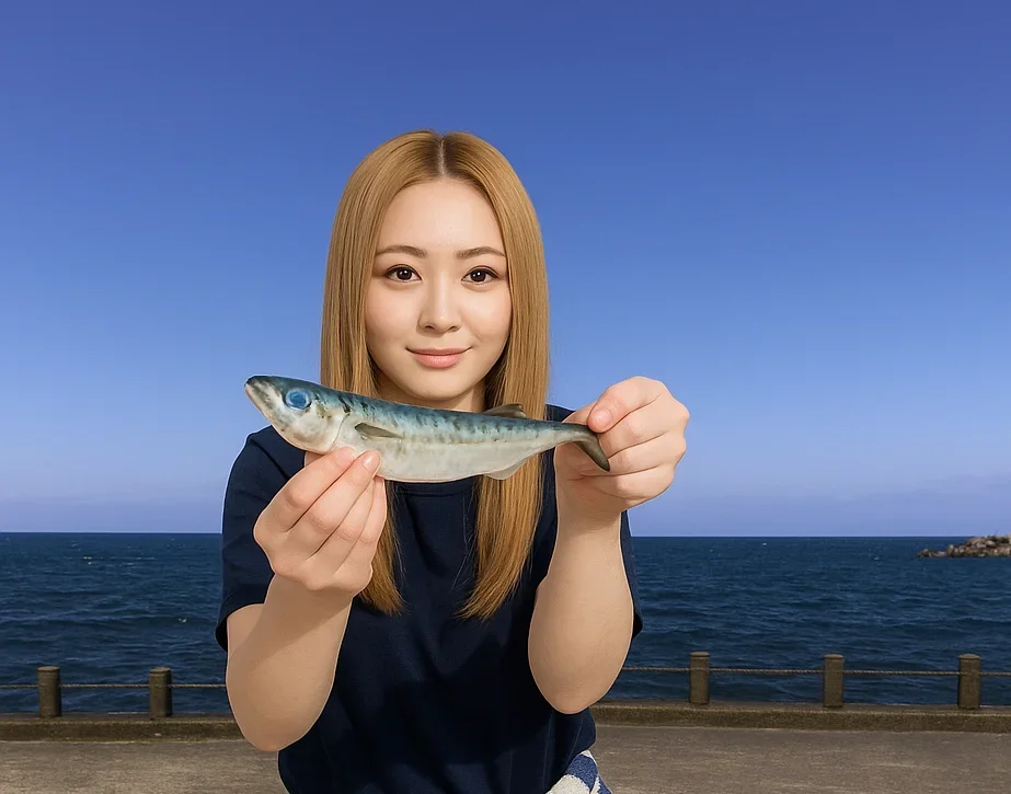 日和山突堤のウキサビキ釣りでサバをつる女性