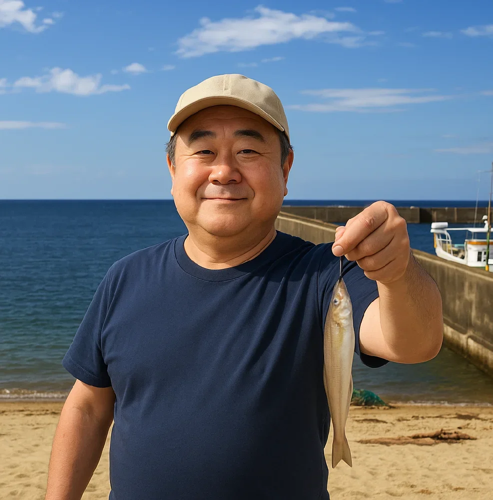 桑川漁港横のサーフでキスを釣る持田