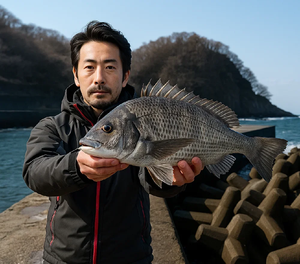 府屋漁港でクロダイを釣る男性